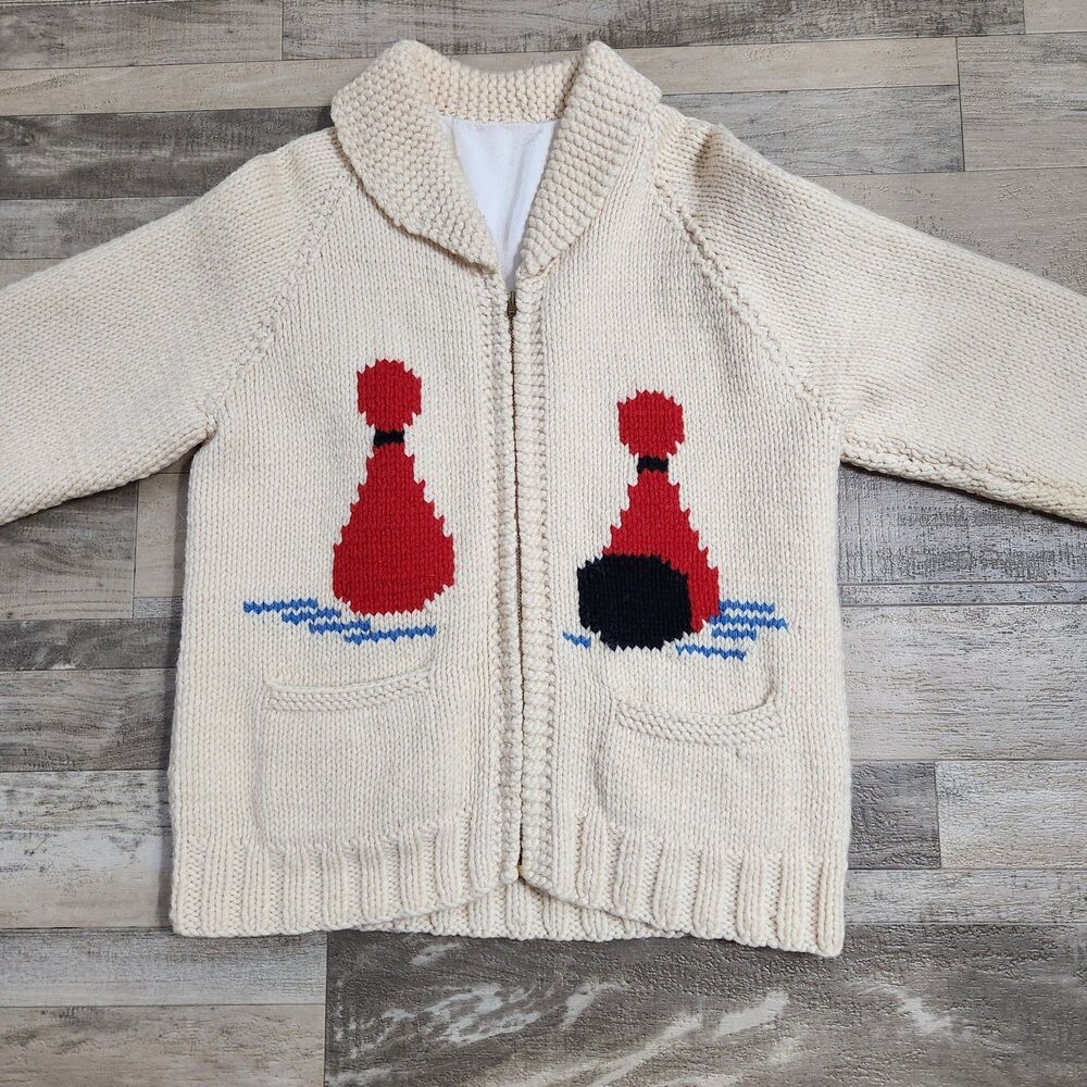 Bowling Cowichan Sweater 1950s Hand Knit Lined Wool Cardigan Talon Zip Pinup  M - Picture 7 of 16